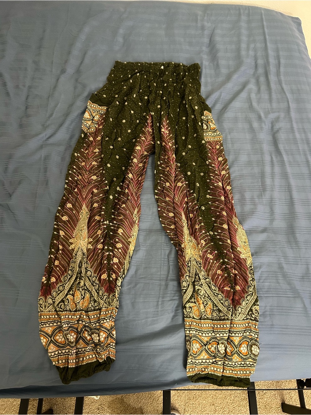 Bohemian Printed Elastic-Waist Harem Pants - Olive Green & Burgundy